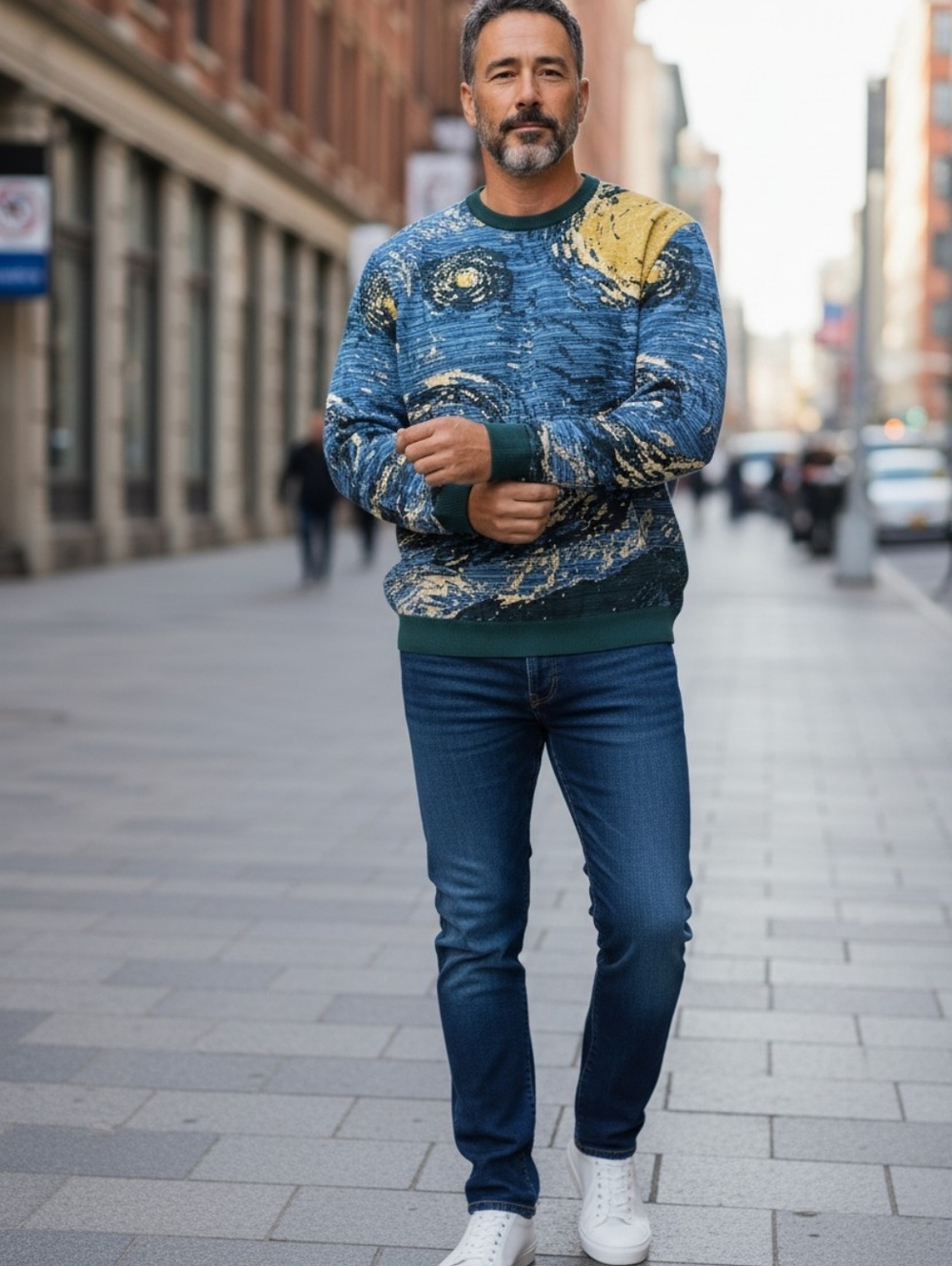 A.P.O.H. ASOS DESIGN Van Gogh Knit Art Sweater Blue Yellow Size LARGE